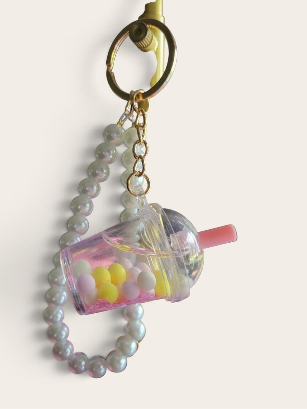 Pink Bubble Tea Charm Keychain with Pearl Bead Strap